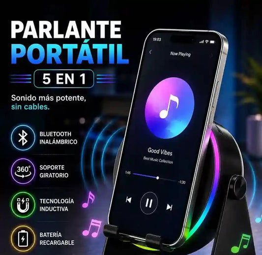Parlante de Inducción Portátil 5 en 1 — Bluetooth + Carga Inalámbrica + Soporte 360° 🎵 1