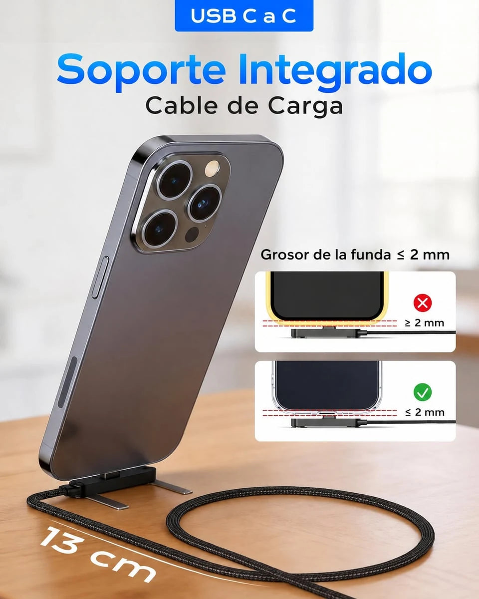 Cable Turbo 240W con Soporte Plegable 90° — Tipo C para iPhone y Android