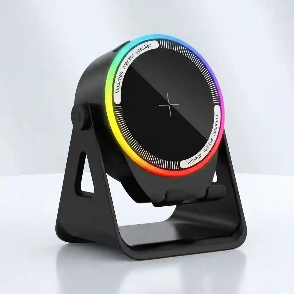 Parlante de Inducción Portátil 5 en 1 — Bluetooth + Carga Inalámbrica + Soporte 360° 🎵
