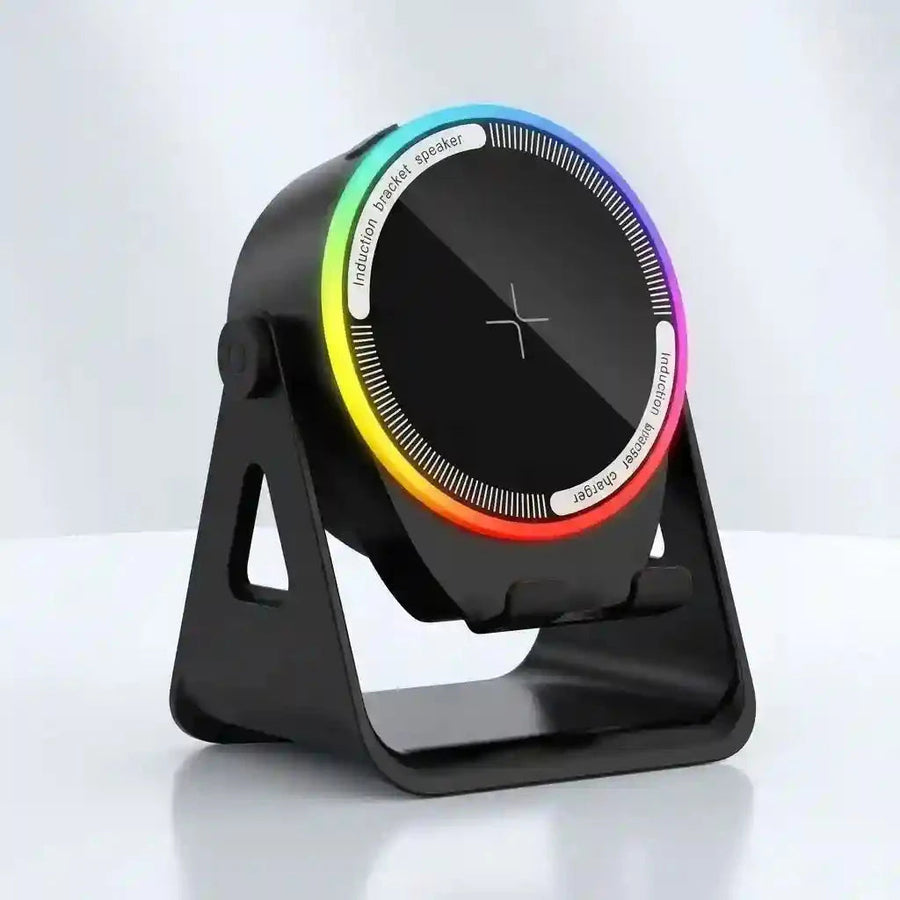 Parlante de Inducción Portátil 5 en 1 — Bluetooth + Carga Inalámbrica + Soporte 360° 🎵