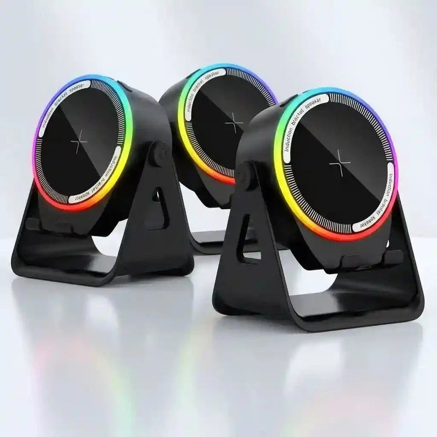 Parlante de Inducción Portátil 5 en 1 — Bluetooth + Carga Inalámbrica + Soporte 360° 🎵