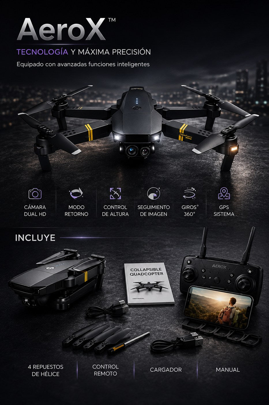 Dron AeroX™ Cámara Dual 4K